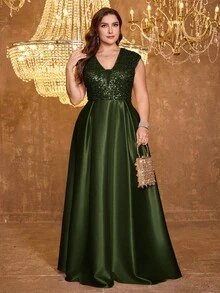 XUIBOL 亮片缎面拼接V领A字连衣裙，正式优雅大码女士晚礼服（重工装饰），适合舞会、婚礼宾客、毕业典礼、晚宴等场合。 - 橄欖綠 - 查看 4