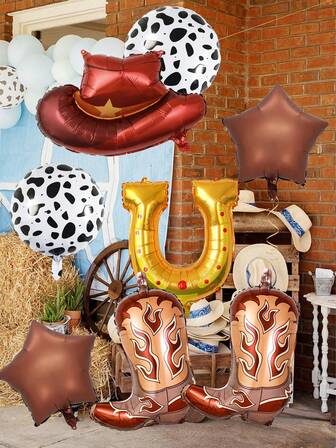 2/8件套棕色西部牛仔主题派对气球，包含牛仔帽、牛仔靴和马蹄铁气球，适合牛仔主题生日派对、单身派对、牛仔比赛、迎婴派对、农场主题派对、牛仔单身汉派对装饰