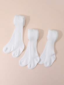 3 Pairs Girls' Solid Color Leggings, Vertical Striped Tights, Simple Versatile Children's Pantyhose, Elastic & Comfortable, All Season - White - View 17