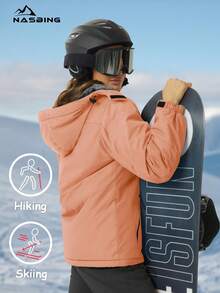 KEFITEVD 女士冬季滑雪夹克 防水防风保暖连帽保暖冬装 防风衣 徒步滑雪露营登山外套 - 杏色 - 查看 4