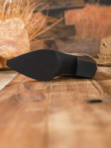 女士中筒靴，杏色绒面革质感，粗跟，纯色，西部风格铆钉装饰，适合节日派对、秋冬季穿着。 - 杏色 - 查看 4