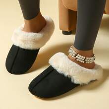 女士纯色保暖厚毛绒拖鞋，男女情侣室内拖鞋，适合秋冬季 - 黑色 - 查看 2