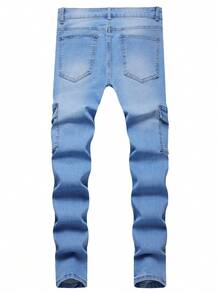 Slim Fit Ripped Biker Jeans, Casual Men's Denim Pants - Light Wash - View 2