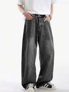 1 件男士个性化阔腿牛仔裤，休闲百搭设计，宽松长裤 - 灰色 - 查看 1