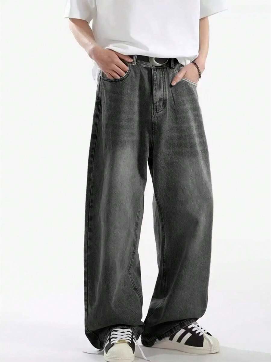 1 件男士个性化阔腿牛仔裤，休闲百搭设计，宽松长裤 - 灰色 - 查看 1