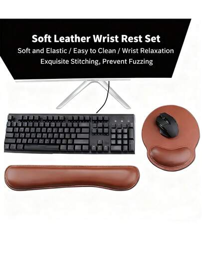 Descanso de Pulso de Teclado e Mouse Pad com Apoio de Pulso em Couro PU Ergonômico, Espuma de Memória Adequada para Computadores/Laptops, Jogos e Escritórios, Digitação Confortável e Alívio da Dor (Marrom PU)