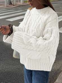 Suéter de cuello redondo oversize de punto de cable con mangas farol, suéter casual de unicolor grueso y cálido de moda de manga larga elegante y suave para mujer en otoño/invierno