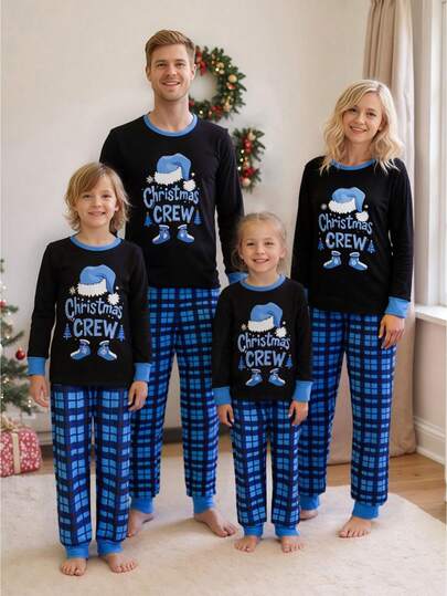 Christmas Parent-Child Outfit, Looking For A Fun And Comfortable Way To Celebrate The Holiday With Family; Christmas Family Matching Pajamas, Letter And Snowflake Printed Long Sleeved Round Neck Top, Paired With Checkered Pattern Elastic Pants. Skin Friendly Fabric, Soft Texture, Lightweight And Breathable. Suitable For Christmas, Family Gatherings, Photography, Holiday Parties, Birthday Parties, Themed Nights, New Year's And Other Occasions. Christmas Pajamas, Christmas Style; The Classic Christmas Element Print Makes It The Perfect Choice For Family Photography And Gatherings.