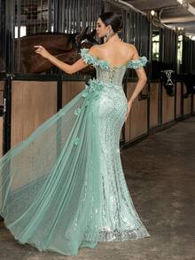 亮片女士正式礼服，花卉装饰，宴会晚礼服，适合盛大晚宴、时尚派对、生日派对、舞会、颁奖典礼等场合，纯色无袖露背开衩正式长款礼服，适合婚礼等春季场合。 - 薄荷藍 - 查看 3