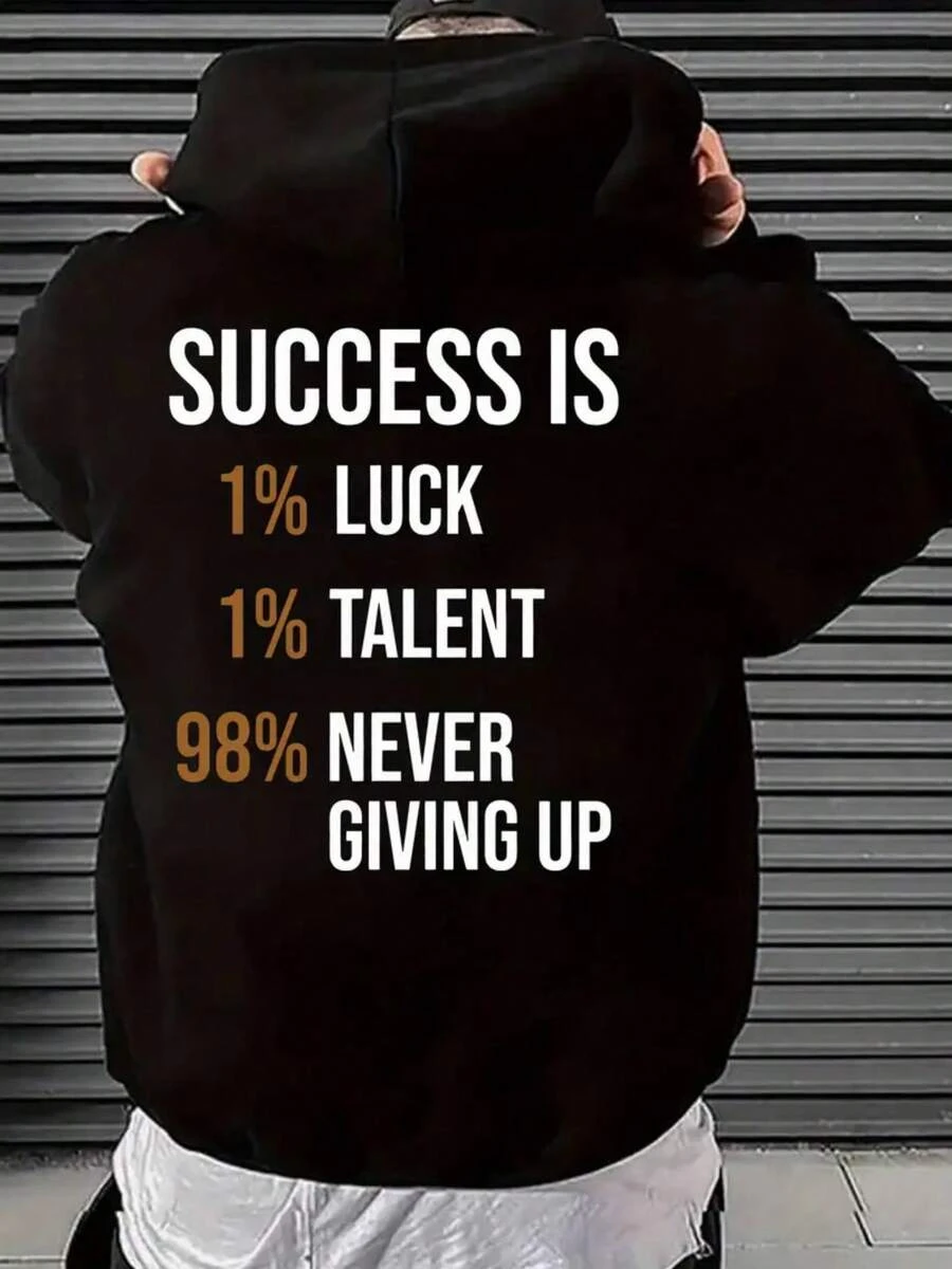 Felpa oversize da uomo con lettere di successo e slogan motivazionali (Glü/Talent/Endurance) - Morbida felpa con taschino a canguro, lavabile in lavatrice, colori nero/bianco/oro, vestibilità ampia per stratificazione o uso casual invernale - Positiva e ottimistica - nero - Visualizzare 1