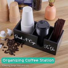 Coffee Station Cup And Lid Storage Box, Compartmentalized Straw And Paper Cup Organizer Rack, Wooden Coffee Bar Accessory Storage Shelf, Farmhouse Coffee And Tea Condiment Station, Suitable For Rustic Style, Countertop Decor, Home Organization - Black - View 3