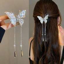 1pc Elegant  Butterfly Wing Design Hairpin With Beaded Tassel And Gemstone - Women's Stable Hairpin, Suitable For Casual And Formal Settings, Cute Hair Accessories, Rhinestone Embellishment, Women's Fashion Accessories - 銀色 - 查看 7