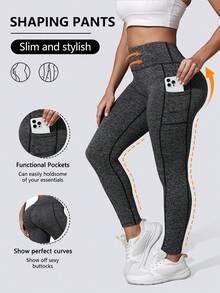 Women's Solid Color Yoga Pants With Pockets, High Elasticity Lift Hip Sports Leggings, Activewear - Silver - View 2