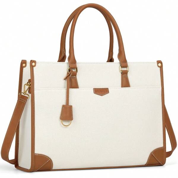 High-Quality Women's Laptop Bag, Lightweight Canvas, 15.6-Inch Large-Capacity Laptop Bag, Briefcase, Handbag, Suitable For Business, Work, Travel, School, Daily Use (Beige And Black)