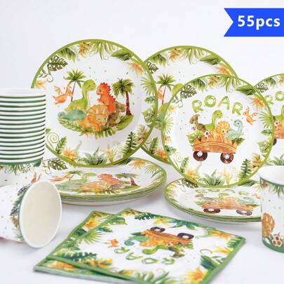 Cute Dinosaur Party Disposable Plate, Napkin, Cup Set, Plates, Napkins And Cups Party Supplies, Suitable For 10 Guests, Disposable Paper Plates Party Tableware Suitable For Birthday, Wedding, Party, Family Picnic
