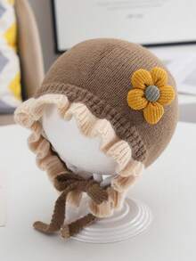 Autumn/Winter Baby Girl Lace Knitted Hat, Cute Princess Earflap Bucket Hat - A Flower - View 4