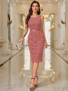 MIUSOL Solid Floral Lace Bodice Cocktail Party Fitted Dress Wedding Spring - Dusty Pink - View 8