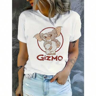 1pc Women'S Casual Crew Neck T-Shirt - Soft Polyester, Lightweight & Comfortable | Spring/Summer/Fall Fashion | Fun Cartoon Print with "Gizmo" Design | Versatile White Tee for Casual Attire, Ladies T Shirts