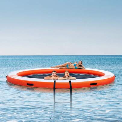 Inflatable Floating Dock, ø10FT Inflatable Dock Platform With ø8FT Trampoline Mesh Pool, Non-Slip Floating Platform Water Mat With Portable Bag & Detachable Ladder For Pool Beach Relaxation