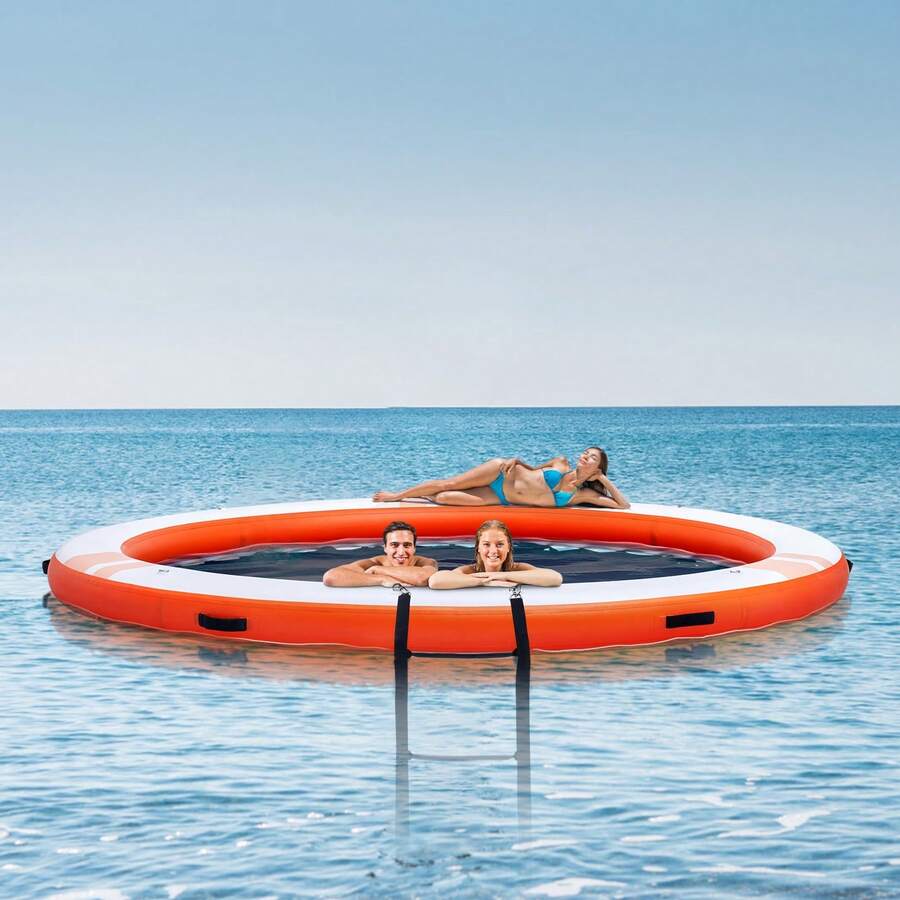 Inflatable Floating Dock, ø10FT Inflatable Dock Platform With ø8FT Trampoline Mesh Pool, Non-Slip Floating Platform Water Mat With Portable Bag & Detachable Ladder For Pool Beach Relaxation - 白色+橘色 - 查看 1