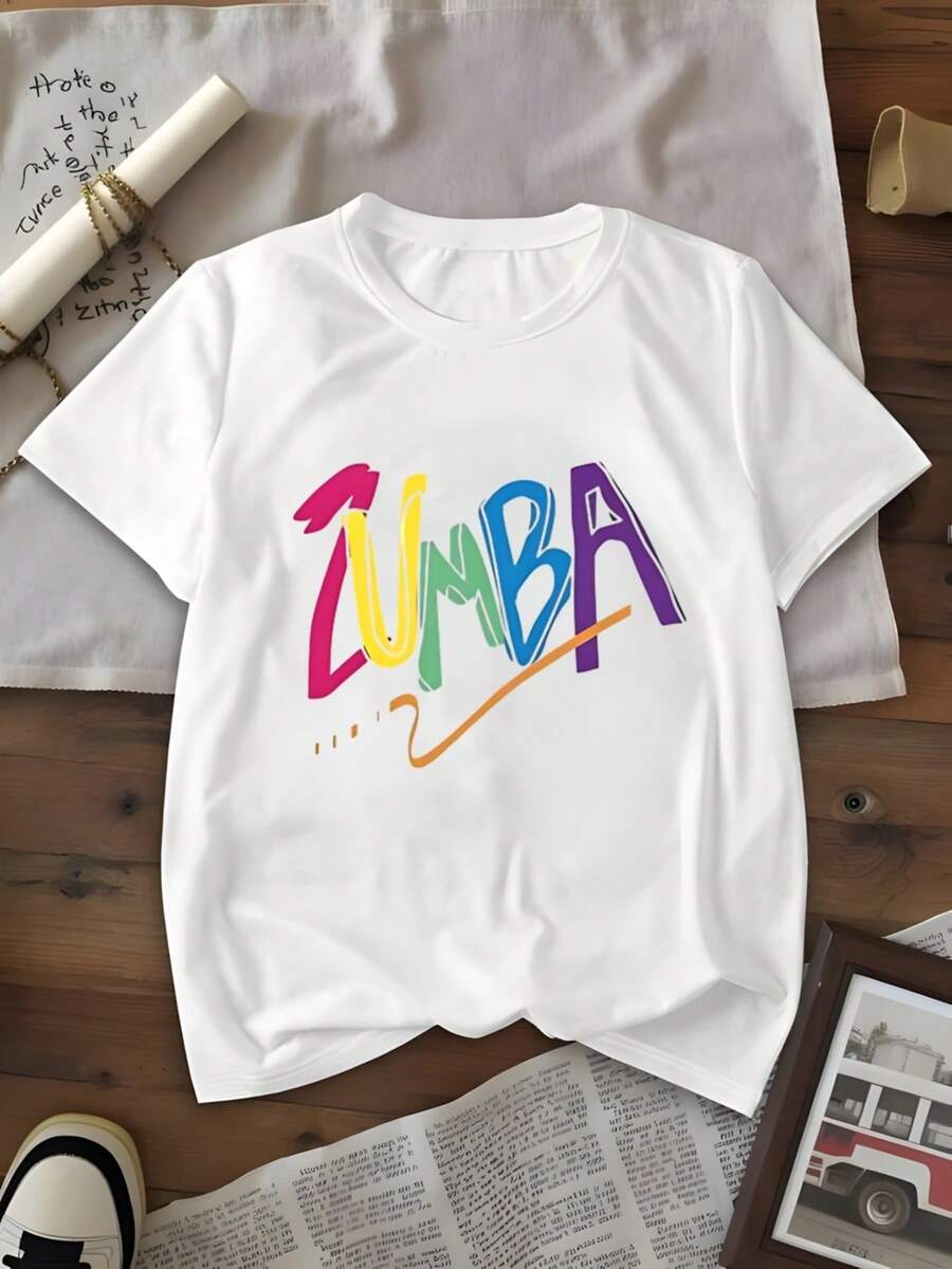 Zumba Colorful Typography Graphic Tee,Women's Print Round Neck Short Sleeve Casual Versatile T-Shirt,220 Grams Heavyweight Cotton Printed T-Shirt - White - View 1