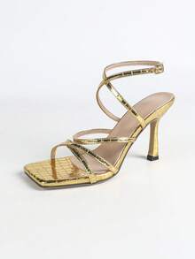 Sandalias de tacón alto de verano para mujer, color dorado, elegantes, sexys, sandalias de tacón alto de moda, de punta abierta, zapatos de tacón alto de oro puro, sandalias de punta cuadrada, tacón fino, correa cruzada, sandalias de tacón alto de mujer con correa fina - Dorado - Ver 3