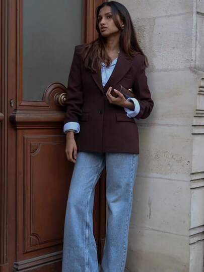 Fall Winter Women's Slim Fit Coffee Brown Blazer - Single Breasted Long Sleeve Office Jacket