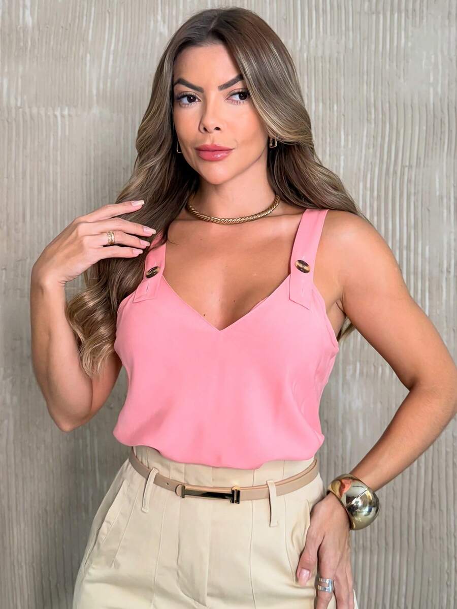 Rainbow Strappy Tank Top With Button, Thick Straps, Plain Viscose Blouse, Dune Print, Sizes M, G, GG (36-42), Summer, Women's, Casual, Elegant And Comfortable - 117-ROSA - 查看 1
