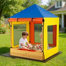 Kids Wooden Sandbox W/ Canopy Sand Pit W/ Windows & Curtains Bench & Storage - 彩色 - 查看 1