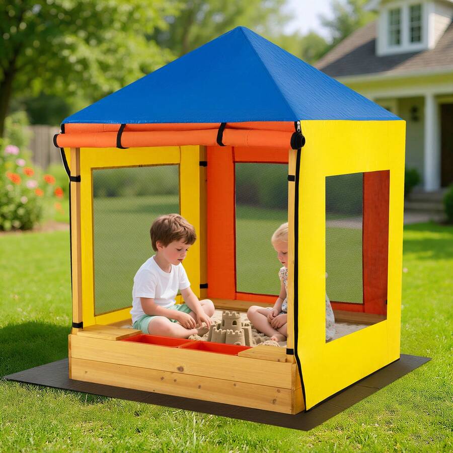 Kids Wooden Sandbox W/ Canopy Sand Pit W/ Windows & Curtains Bench & Storage - 彩色 - 查看 1