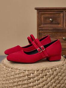 MonaNise Giày cao gót đế xuồng 3cm bọc vải thời trang màu xanh navy ánh kim đỏ tía Mary Jane đế thấp đế dày màu đen dành cho nữ - Đỏ - Xem 5