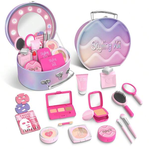 17/18pcs Girls Makeup Gift Set, Kids Dress Up Toys ( Plastic Makeup Toys), Portable Makeup Case With Bag, Role Play Accessories, Girls Vanity Playset, Realistic Pretend Makeup Toys, Suitable For Costume Party, Christmas Decor, Christmas Gift Box