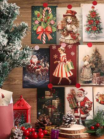 10pcs Exquisite Christmas Greeting Card, Christmas Pattern Background Design Holiday Invitation Greeting Card - Creative Snowman Elk Christmas Tree And Garland Pattern,With Closure Sticker, Christmas Gift Greeting Card For Friends