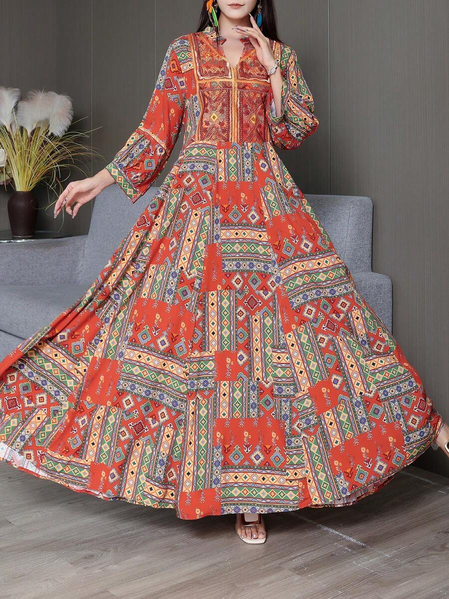 Đầm maxi thêu họa tiết hình học cổ điển, phong cách Bohemian, giản dị, thích hợp cho kỳ nghỉ du lịch. Thanh lịch. - Nhiều màu - Xem 1