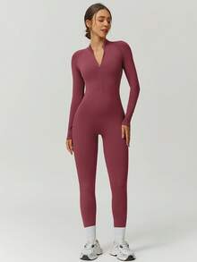 NcmRyu 1 Stück Damen nahtloser, thermisch gefütterter, schlankmachender, modischer, einfarbiger Stehkragen-Jumpsuit mit Reißverschluss, formend, hebend, für Outdoor-Fitness, Workout, Laufen, Yoga