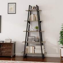 Estantería industrial de 5 niveles de madera, estilo rústico, alta y abierta, con escalera, ideal para exhibiciones en casa, sala de estar, dormitorio, oficina y almacenamiento. - amarillo claro - Ver 4