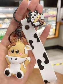 1 pieza Llavero de peluche de vaca de dibujos animados lindo, muñeco de coche simple, llavero colgante para mochila de estudiante y pareja