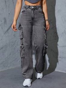 Women's High Waist Gray Cargo Jeans, Vintage Wide Leg Denim Pants Y2K Streetwear - 深灰色 - 查看 2