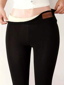 Women'S Warm Plush-Lined High Waist Leggings - Thermal Insulated Winter Pants With Elastic Waistband, Soft Plush & Smooth Outer Fabric, Casual & Casual Attire - Cozy Cold Weather Leggings Women's High-Waist Fleece-Lined Leggings - Warm Elastic Tights For Autumn And Winter, Women's Thickened Casual Sports Pants, Solid Color Non-See-Through Fabric, Shaping Legs, Thick And Warm, Suitable For Outdoor Activities, Running, Fitness, Yoga, Women's Fleece-Lined Leggings For Outer Wear, Winter Fleece-Thickened Plush Pants, Warm Home Pants, Washable, Suitable For Cold Weather, Soft Lining, Elastic Fabric - 黑色 - 查看 9