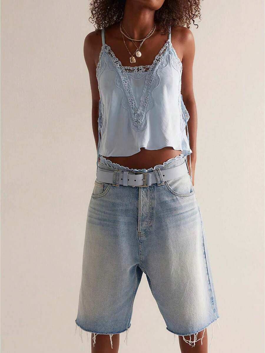 Womens Y2K Satin Side Tie Tank Tops Flower Embroidery Lace Trim Bohemia Cami Adjustable Spaghetti Strap Camisole Sleeveless V Neck Going Out Tops - 淺藍色 - 查看 1