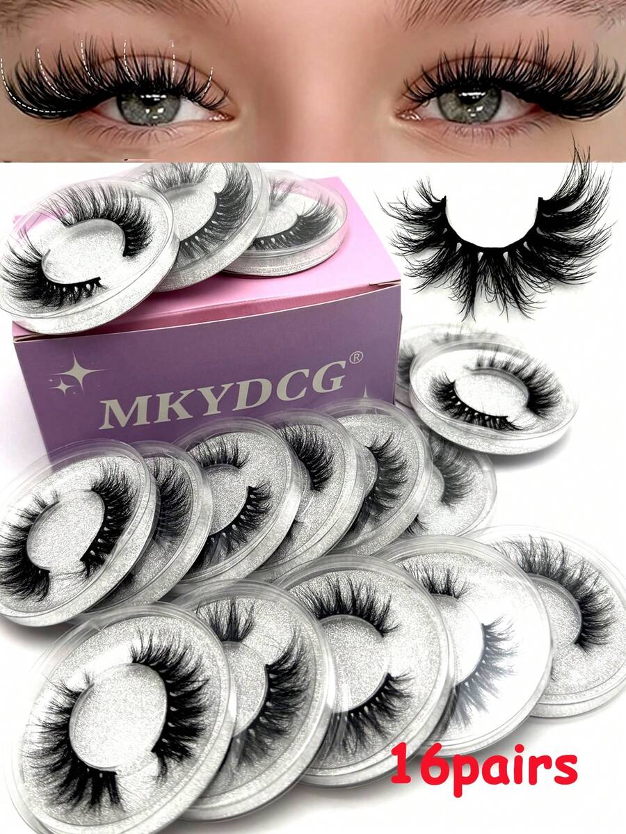 10/16/21 Pairs Fluffy&Thick 3D False Eyelashes With Glitter Paper Box,Lashes Bulk Christmas Gifts,3D Cat Eye Eyelashes Natural Soft,Protable, Makeup Manga Lashes,Dramatic Messy Mink Lashes Wispy, Individual Package Faux Mink Lashes Wholesale - 黑色 - 查看 1