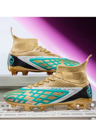 Unisex Geometric Pattern Sports Shoes, TPU Lace-Up Football Cleats For Outdoor Sports, All Season