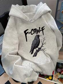 Sudadera con capucha estilo gótico oscuro con estampado de letra de cuervo "F-CAW-F" Parte superior gótica retro con cordones, bolsillos, capucha, tela de punto de manga larga, forro de invierno, sudadera de mujer, sudadera, sudadera talla grande, ropa de mujer talla grande, temporada de otoño e invierno, ajuste holgado y cómodo, ropa de otoño e invierno talla grande, uso diario
