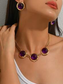 1 zestaw geometrycznej okrągłej fioletowej biżuterii akrylowej - naszyjnik i kolczyki, zestaw biżuterii w stylu metalowym, biżuteria geometryczna, biżuteria do noszenia na co dzień, dodatki odzieżowe, prezent świąteczny, biżuteria na imprezę - złoty + fioletowy - Zobacz 4