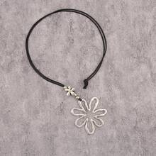 1件简约银白色不对称镂空花朵合金吊坠项链，时尚日常长款项链，配棕色蜡绳，适合年轻女性、女友佩戴 - 銀白色不規則鏤空花 - 查看 8