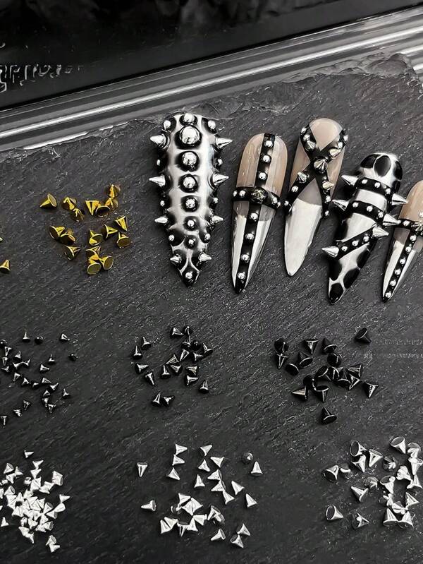 100 قطعة مسامير نيزك جديدة ذهبية وفضية بطراز بانك قديم ذات قاع مسطح ومخروطي مدبب، مقاسات مختلطة