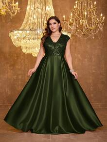 XUIBOL 亮片缎面拼接V领A字连衣裙，正式优雅大码女士晚礼服（重工装饰），适合舞会、婚礼宾客、毕业典礼、晚宴等场合。 - 橄欖綠 - 查看 7