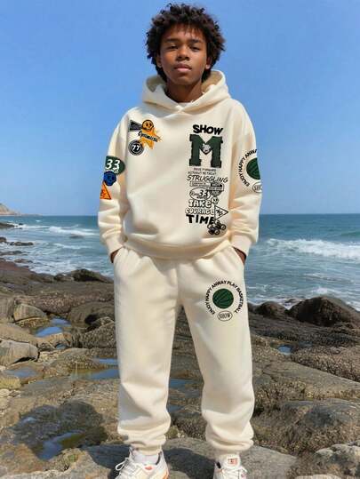 Tween Boy Cartoon Print Warm Hoodie And Sweatpants Set