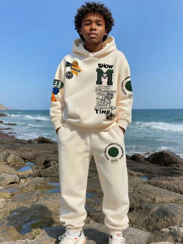Tween Boy Cartoon Print Warm Hoodie And Sweatpants Set