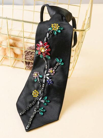 1pc Colorful Beaded Tie, Black Floral Slouchy Versatile Tie, Suitable For Shirt, Unisex, Short Tie